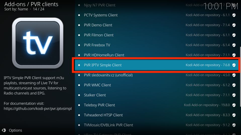 click PVR IPTV simple client in KODI