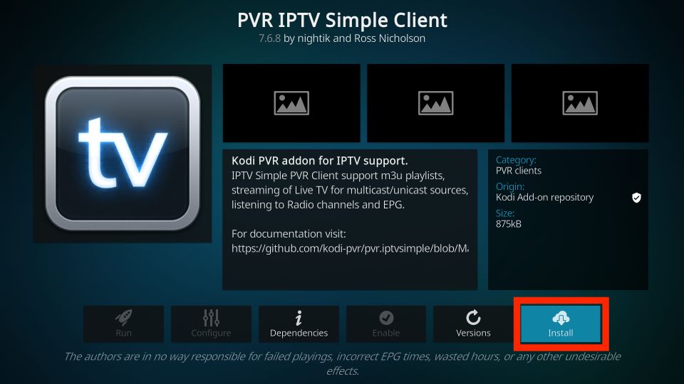 select install in KODI app