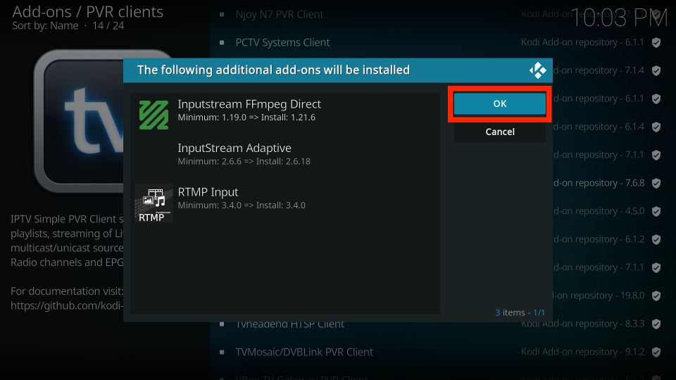 click ok min in KODI